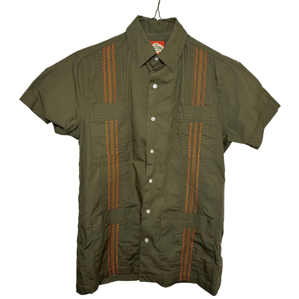 San Cristobal Guayaberas Olive Green Orange Embroidered Button Up Shirt Mens S